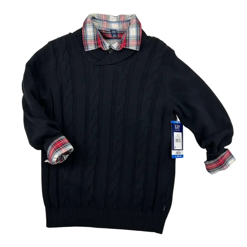 GAP Kids Sweater Shirt Set Youth Large 10/12 Black Plaid Layered Look
